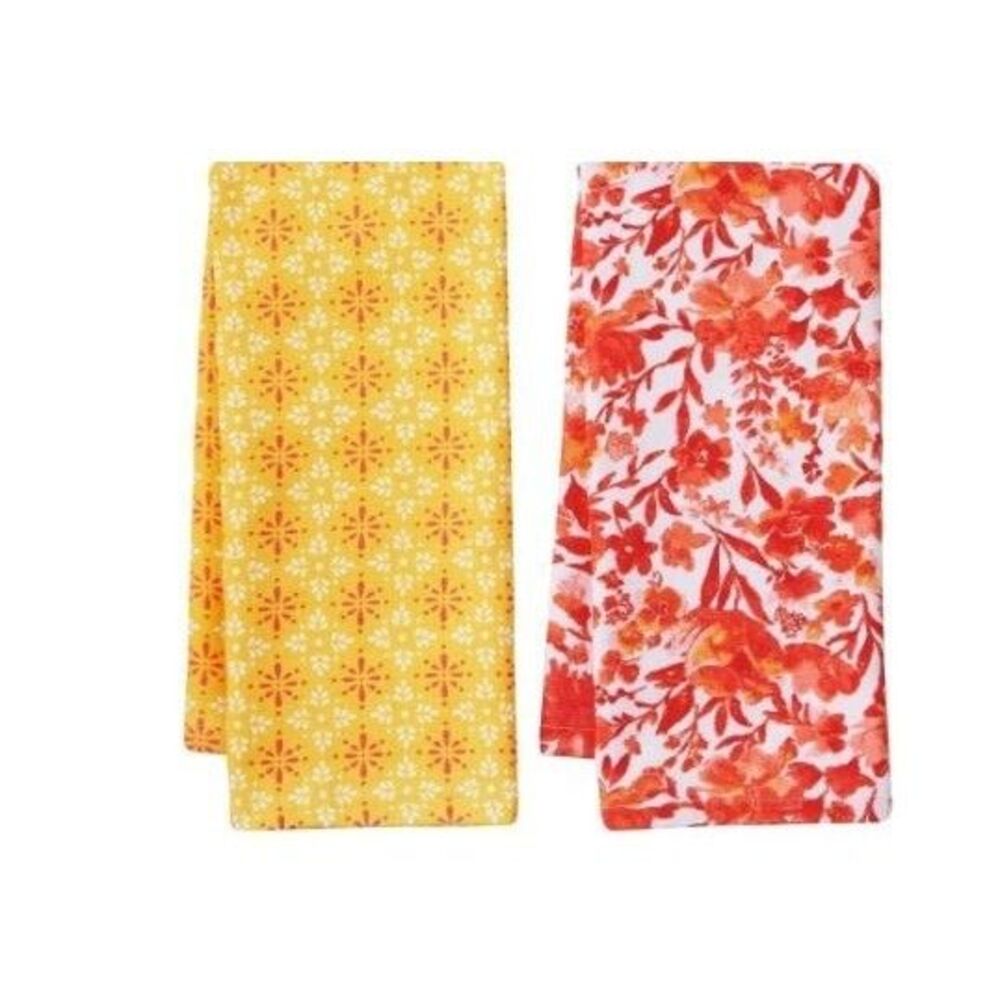 Pioneer Woman Painterly Kitchen Towels Floral Red Medallion Yellow Cotton 2-pc
